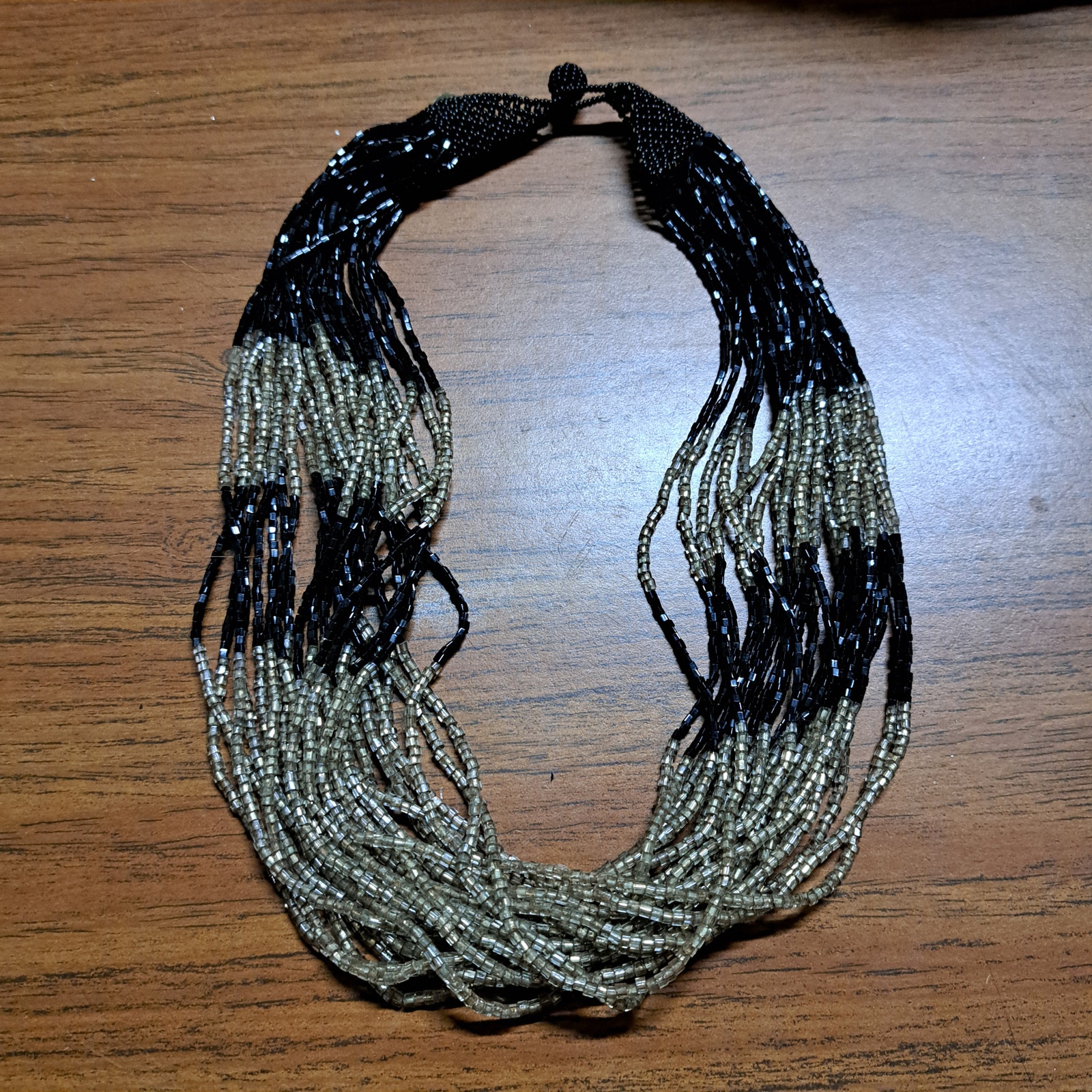 Silver Clear And Black Hand Strung Seed Beads Strand Necklace Beaded Ball Clasp